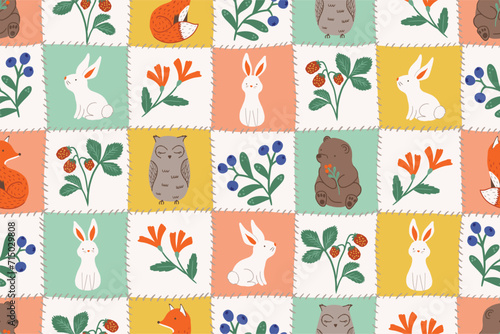 Seamless vector Cheater quilt patchwork with berrie, flowers and cute forest animals on pastel check