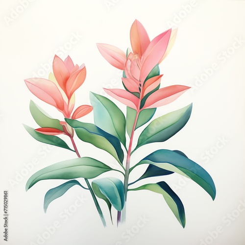 a white drawing of a plant with green leaves and pink paint, in the style of colorful watercolors