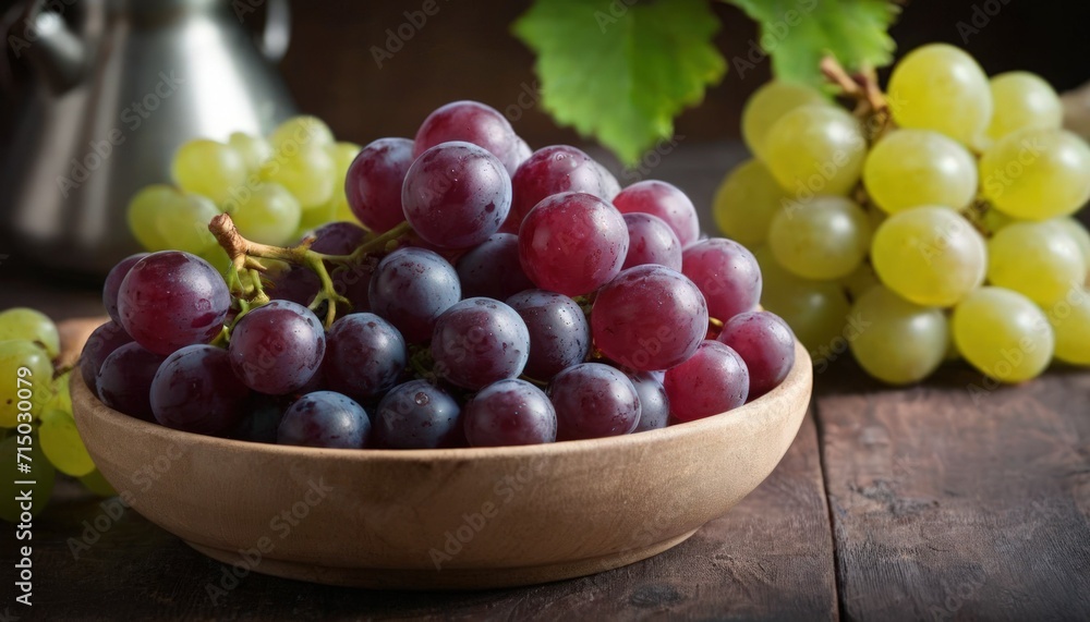 Bowl of fresh red and green grapes on wooden table.
Bowl of fresh red and green grapes on wooden table.