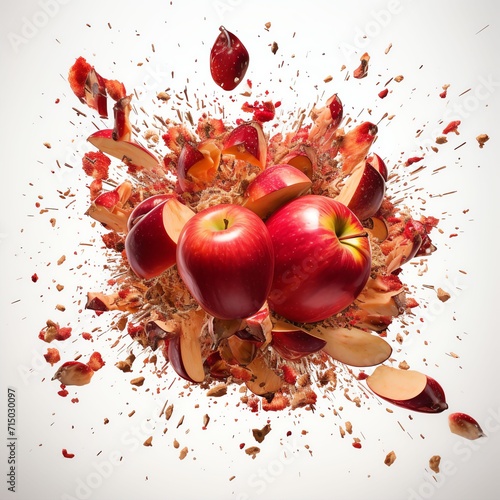 a ultra realistic red apple explosion with pieces of apple coming out in the style