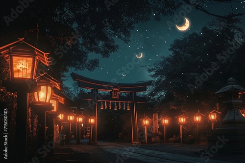 Ethereal Night with Lanterns and a Crescent Moon