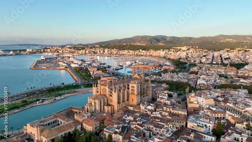 Aerial view of Palma de Mallorca cityscape. Cathedral La Seu of Santa Maria Royal Palace of La Almudaina. Balearic Islands. Spain photo