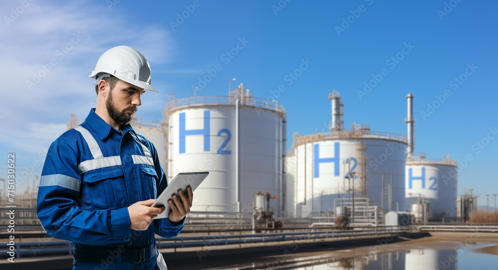 Engineer with tablet computer on a background of Hydrogen factory Engineer with tablet computer on a background of Hydrogen factory