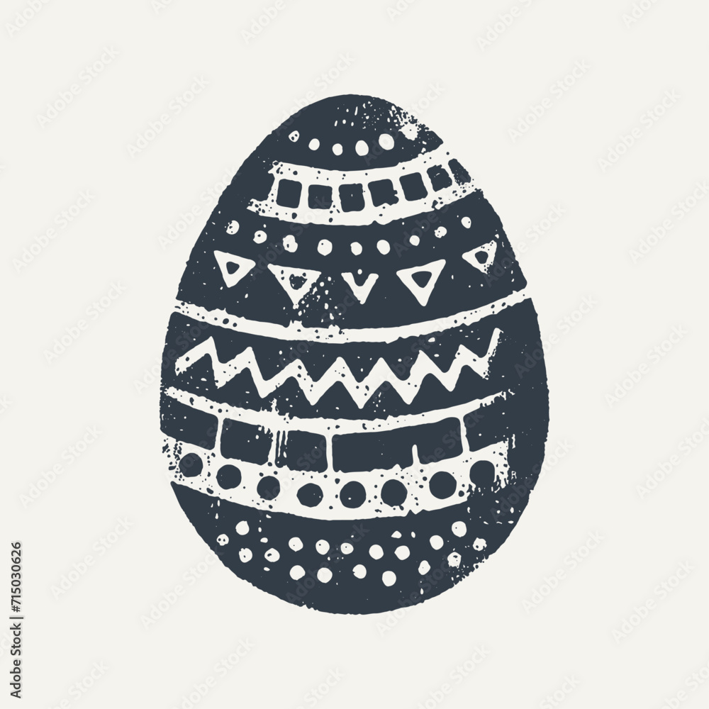 Decorated Easter Egg. Vintage black and white block print style hand drawn vector illustration with grunge texture.