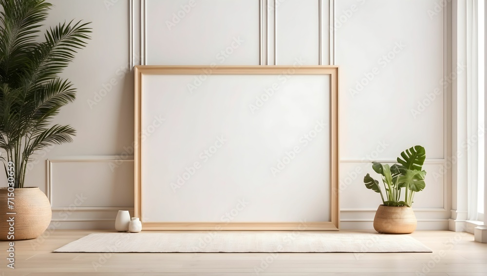 minimalist clean bright mockup photo of large blank frame on floor with light wooden moulding, white background wall, light boho carpet. generative AI minimalist clean bright mockup photo of large blank frame on floor with light wooden moulding, white background wall, light boho carpet. generative AI