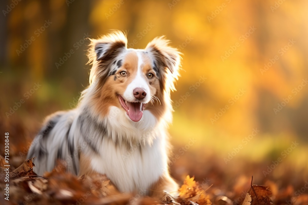 An adorable fluffy Aussie dog lying happily in a sunny autumn park.