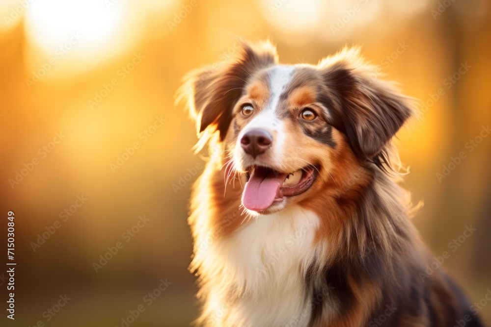 A cute Australian Shepherd dog with fluffy fur, happily outdoors in sunny weather.