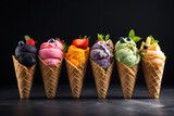 A colorful row of frozen sorbet cones, offering a delicious summer assortment.