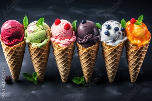 Assorted frozen desserts arranged in rows, featuring waffle cones with fruity sorbet, adorned with mint and berries.