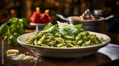 A  plate of perfectly cooked pasta dressed in vibrant pesto sauce