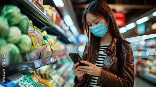 Young Korean woman with face mask using mobile phone and buying groceries in the supermarket during virus pandemic.