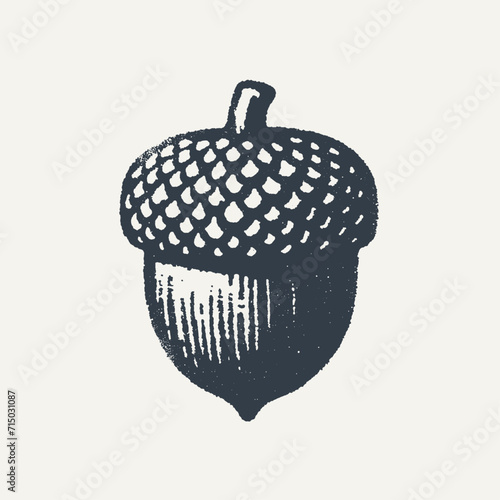 Oak Acorn. Vintage block print style grunge effect vector illustration. Black and white.