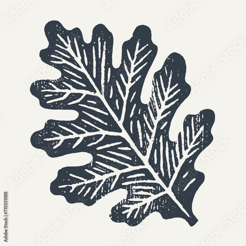 Oak leaf. Vintage block print style grunge effect vector illustration. Black and white.