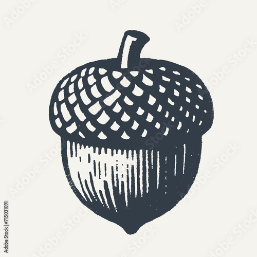 Oak Acorn. Vintage block print style grunge effect vector illustration. Black and white.