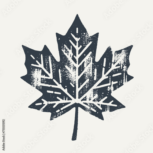 Maple leaf. Vintage block print style grunge effect vector illustration. Black and white.