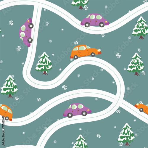Seamless pattern with cute cars, christmas tree on blue winter background. Cartoot transport. Vector illustration. Doodle style. Design for baby print, invitation, poster, card, fabric, textile