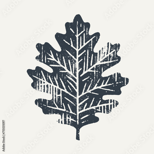 Oak leaf. Vintage block print style grunge effect vector illustration. Black and white.