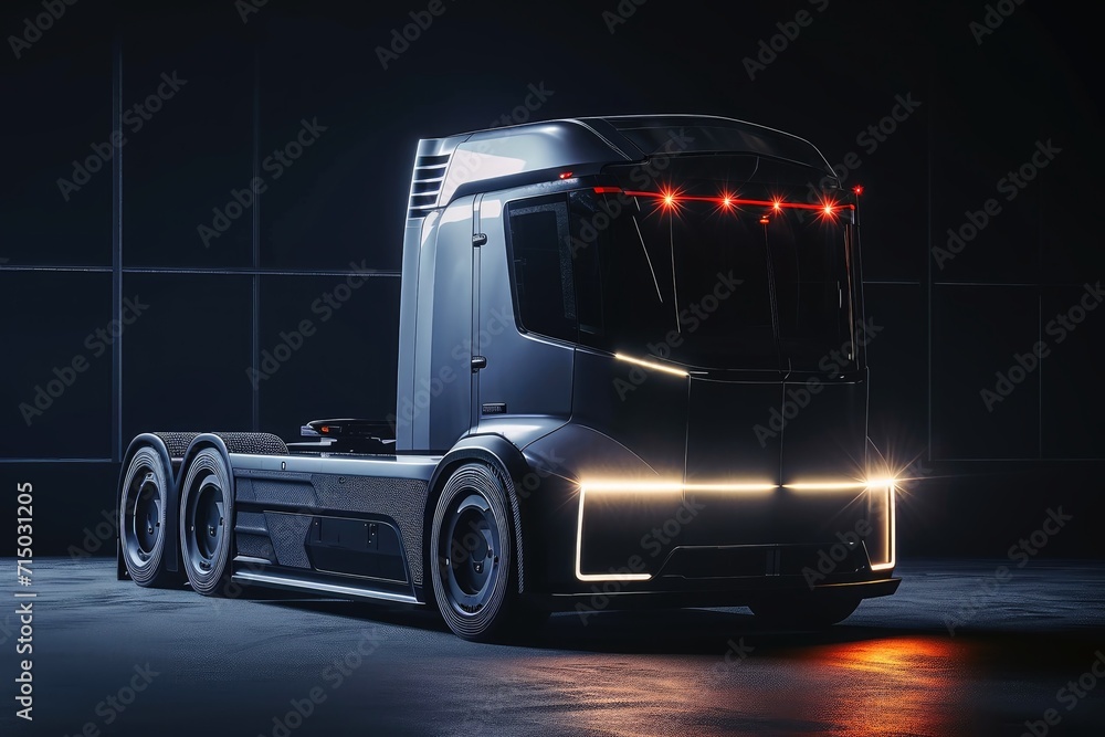 A modern futuristic electric truck on a dark background.