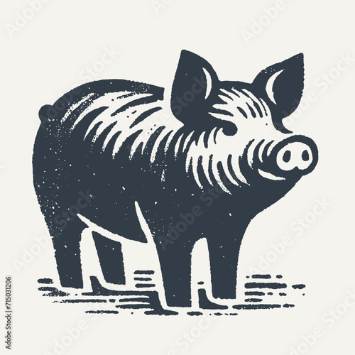 Pig. Vintage block print style grunge effect vector illustration. Black and white.