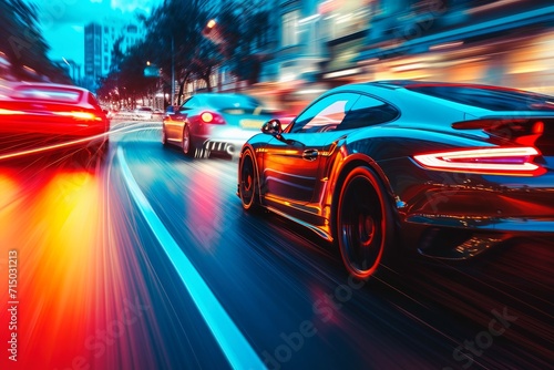Fast cars in a race on a city road.