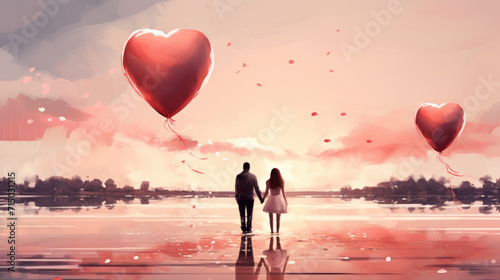 Valentine's day card, art creative image with romantic couple and heart shaped balloon at sunset