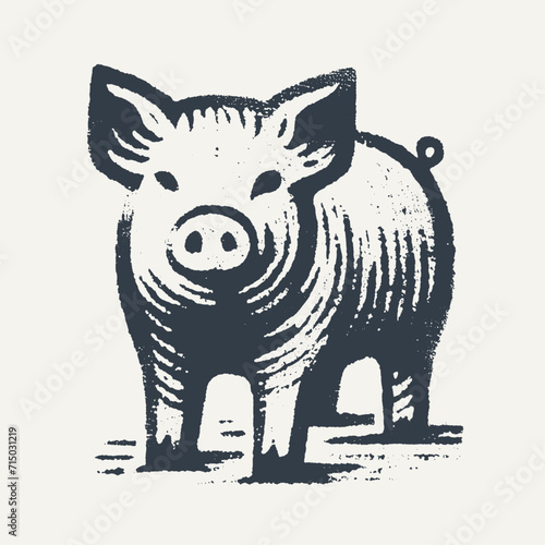 Pig. Vintage block print style grunge effect vector illustration. Black and white.