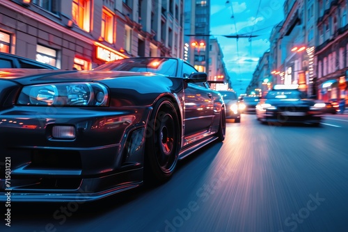 Fast cars in a race on a city road.