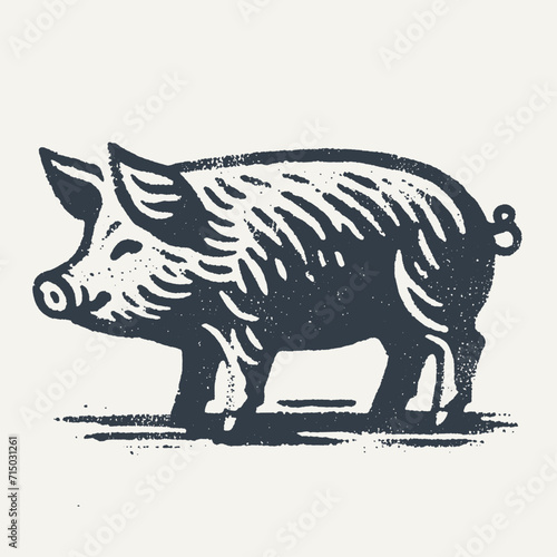 Pig. Vintage block print style grunge effect vector illustration. Black and white.