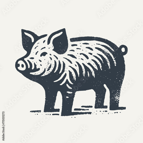 Pig. Vintage block print style grunge effect vector illustration. Black and white.