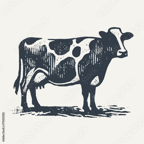 Cow. Vintage block print style grunge effect vector illustration. Black and white.