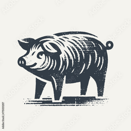 Pig. Vintage block print style grunge effect vector illustration. Black and white.