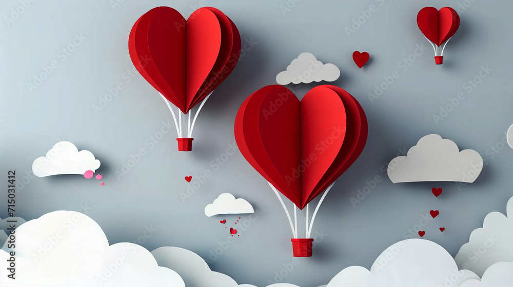 Paper cut hot air balloons in a heart shape on blue sky with clouds, hearts. paper cut art style.
