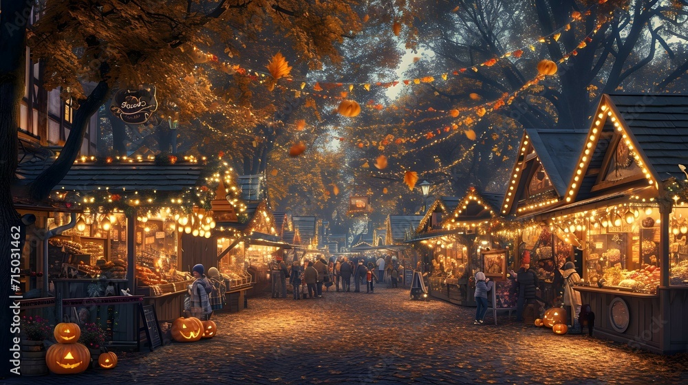 At a small town square, a fall fair unfolds at evening\with lantern-lit stalls adorned with autumn leaves and pumpkin lanterns. Generative AI. - obrazy, fototapety, plakaty 