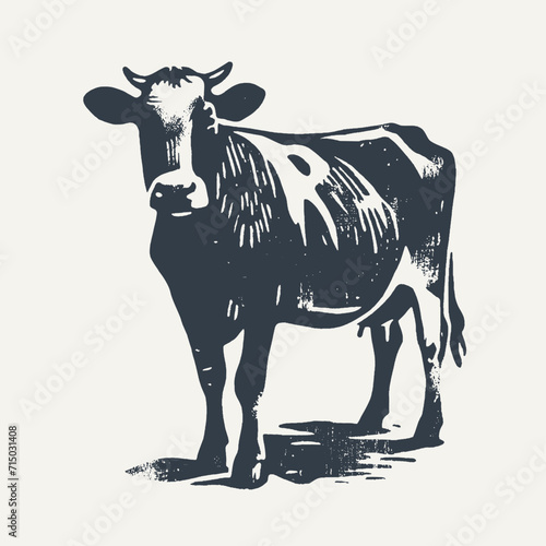 Cow. Vintage block print style grunge effect vector illustration. Black and white.