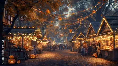 At a small town square, a fall fair unfolds at evening\with lantern-lit stalls adorned with autumn leaves and pumpkin lanterns. Generative AI.