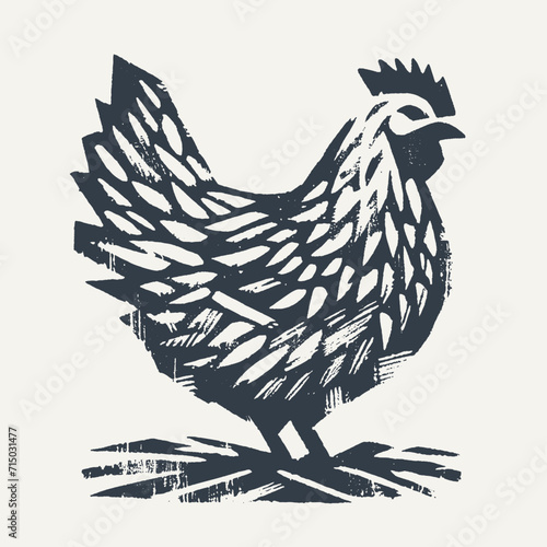 Chicken. Vintage block print style grunge effect vector illustration. Black and white.