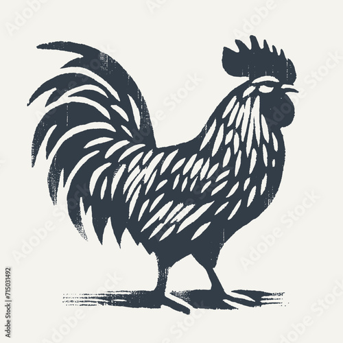 Rooster. Vintage block print style grunge effect vector illustration. Black and white.