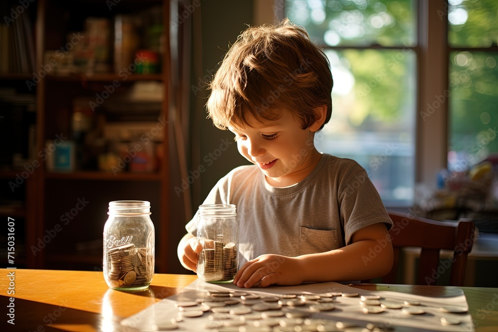 A joyful child is sitting at a table collecting gold coins in a glass jar. The boy counts gold coins and money from his piggy bank.