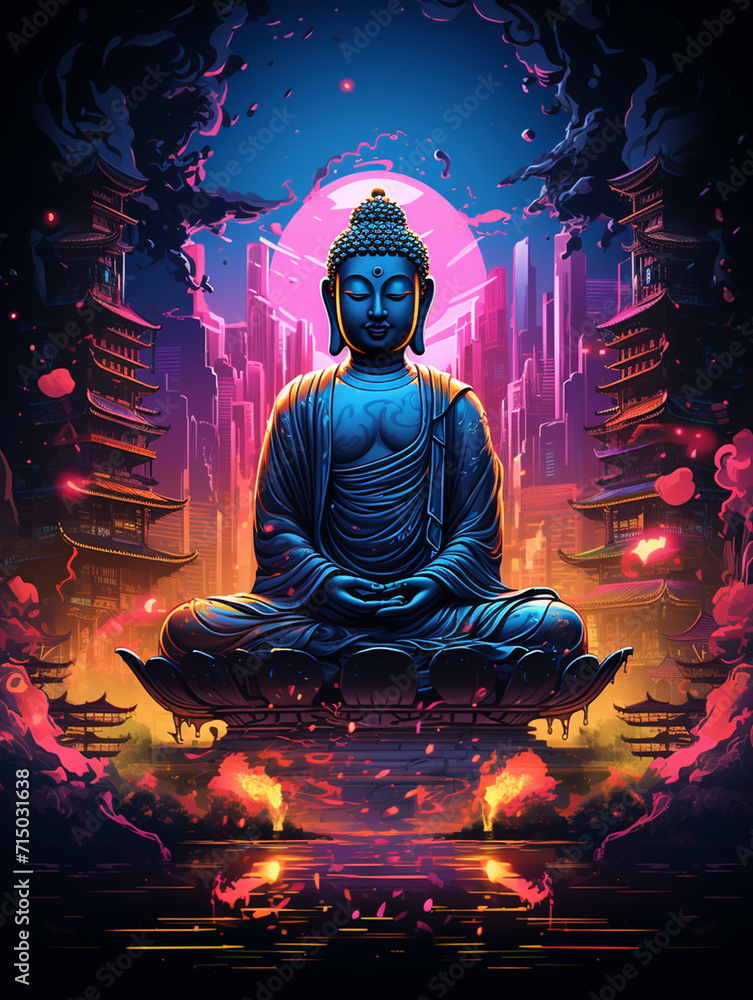 T-shirt design, A serene Buddha amidst a digital metropolis, combining tradition with cyber aesthetics created with Generative Ai T-shirt design, A serene Buddha amidst a digital metropolis, combining tradition with cyber aesthetics created with Generative Ai