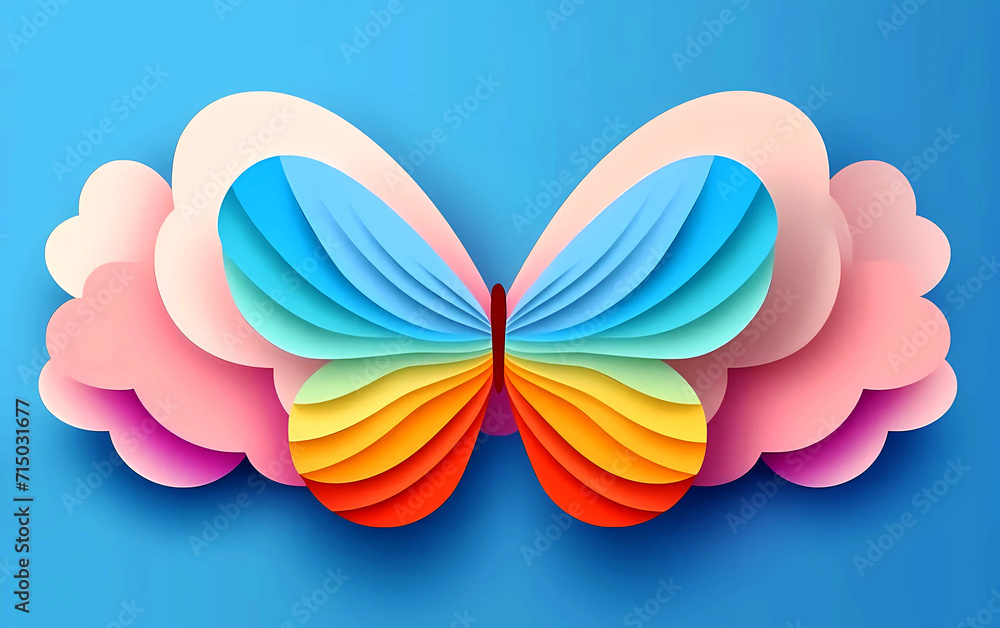Paper cut butterfly in rainbow pattern, pastel colored clouds on a blue background. pride. copy space. 
