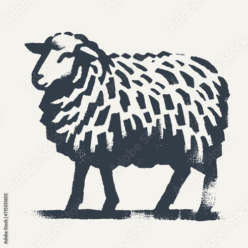 Sheep. Vintage block print style grunge effect vector illustration. Black and white.