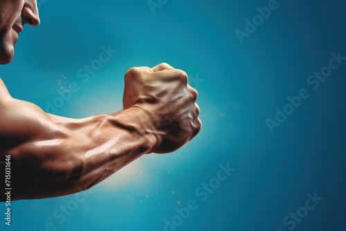 A powerful, muscular man's hand with a big fist. A punch on a blue background. A sportsman's hand is clenched into a weightlifter's fist. The concept: victory, to win, not to give man flexing muscles