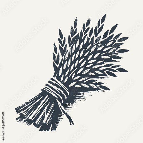 Bundle of rice. Vintage block print style grunge effect vector illustration. Black and white.