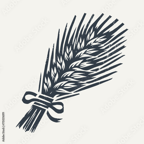 Bundle of wheat ears. Vintage block print style grunge effect vector illustration. Black and white.