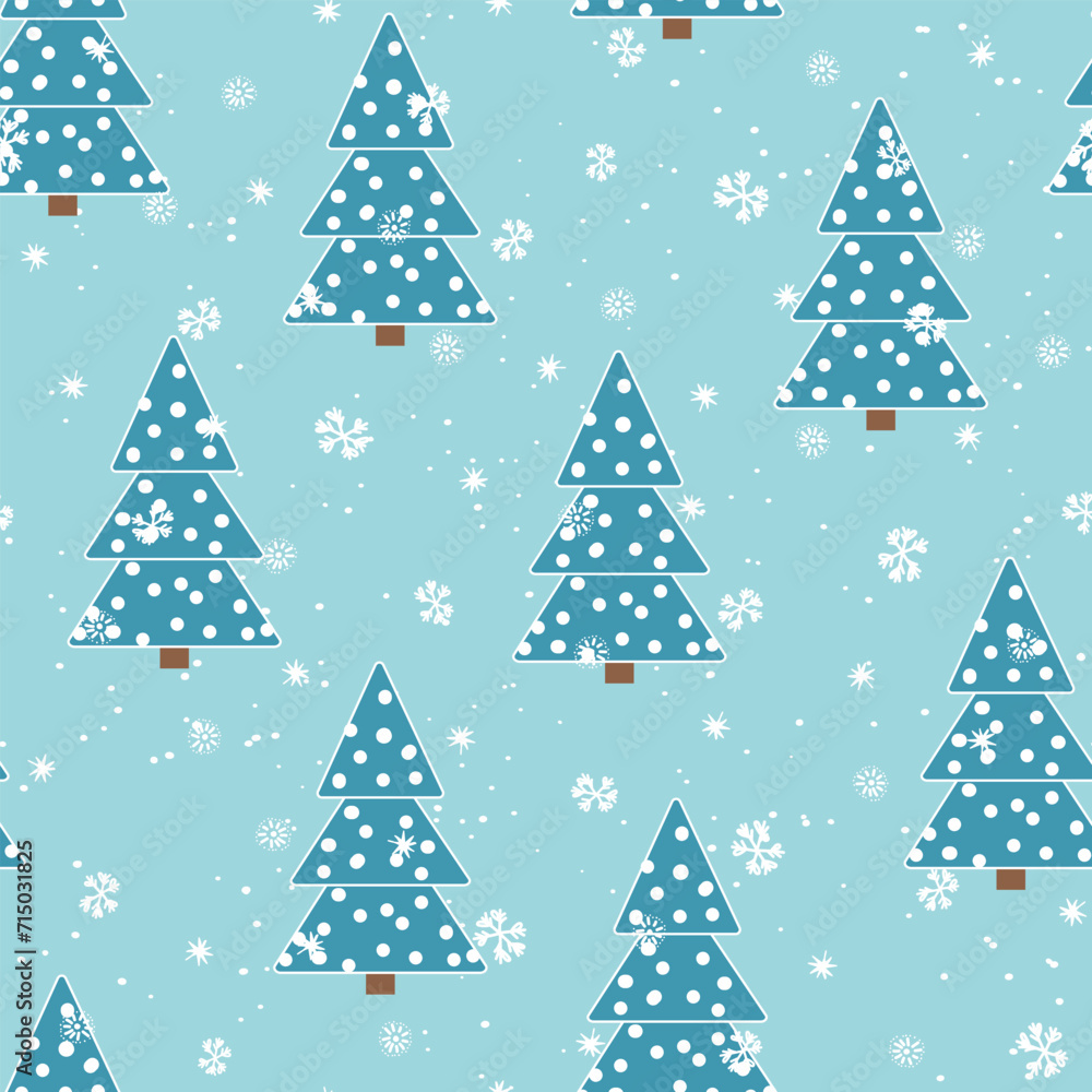 Winter seamless pattern with Christmas tree and snowflakes on color background. Vector illustration for fabric, textile wallpaper, posters, gift wrapping paper. Merry Christmas and New year Vector