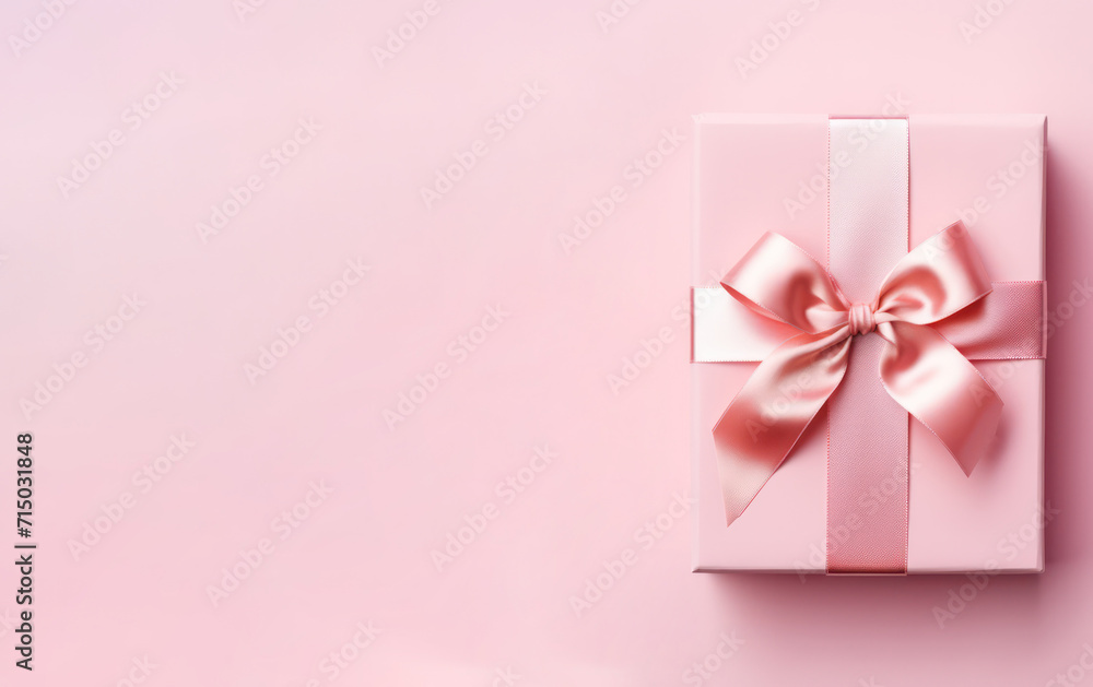 pink gift box with ribbon on minimal background copy space left. Birthday, Valentines Day, Mother's Day celebration banner. pink gift box with ribbon on minimal background copy space left. Birthday, Valentines Day, Mother's Day celebration banner.