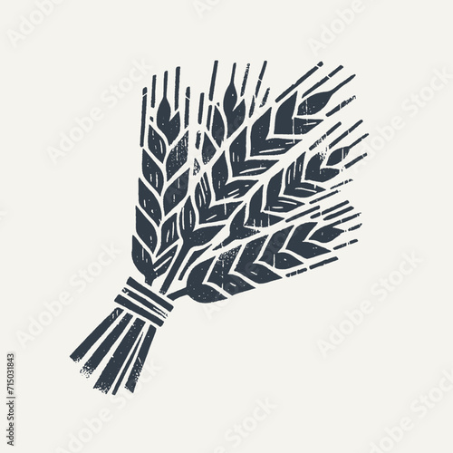 Bundle of wheat ears. Vintage block print style grunge effect vector illustration. Black and white.