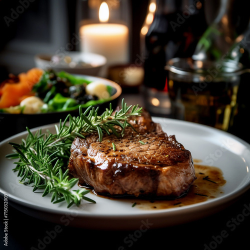 Very high-quality steak, beautiful ceramic tableware, unusual background. Unusual presentation of food. Not for vegetarians.