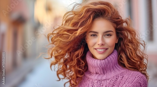 Joyful young woman with curly hair wearing a cozy sweater outdoors