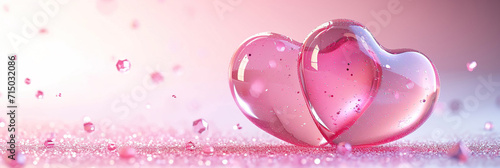 Valentine's Day background with two transparent crystal hearts. copy space 